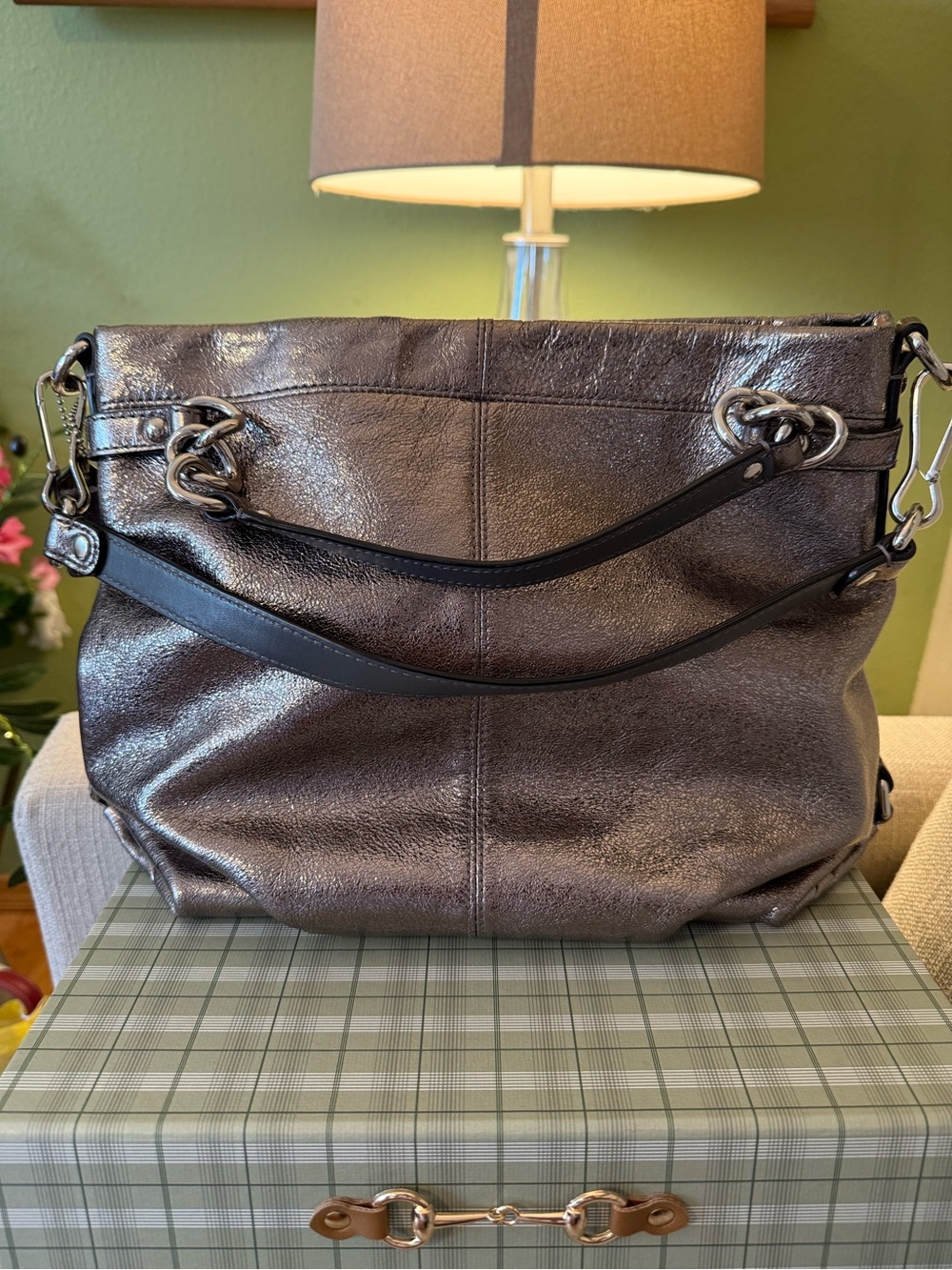Coach Metallic Bronze Tone Leather Silver Hardware Shoulder Bag Like New